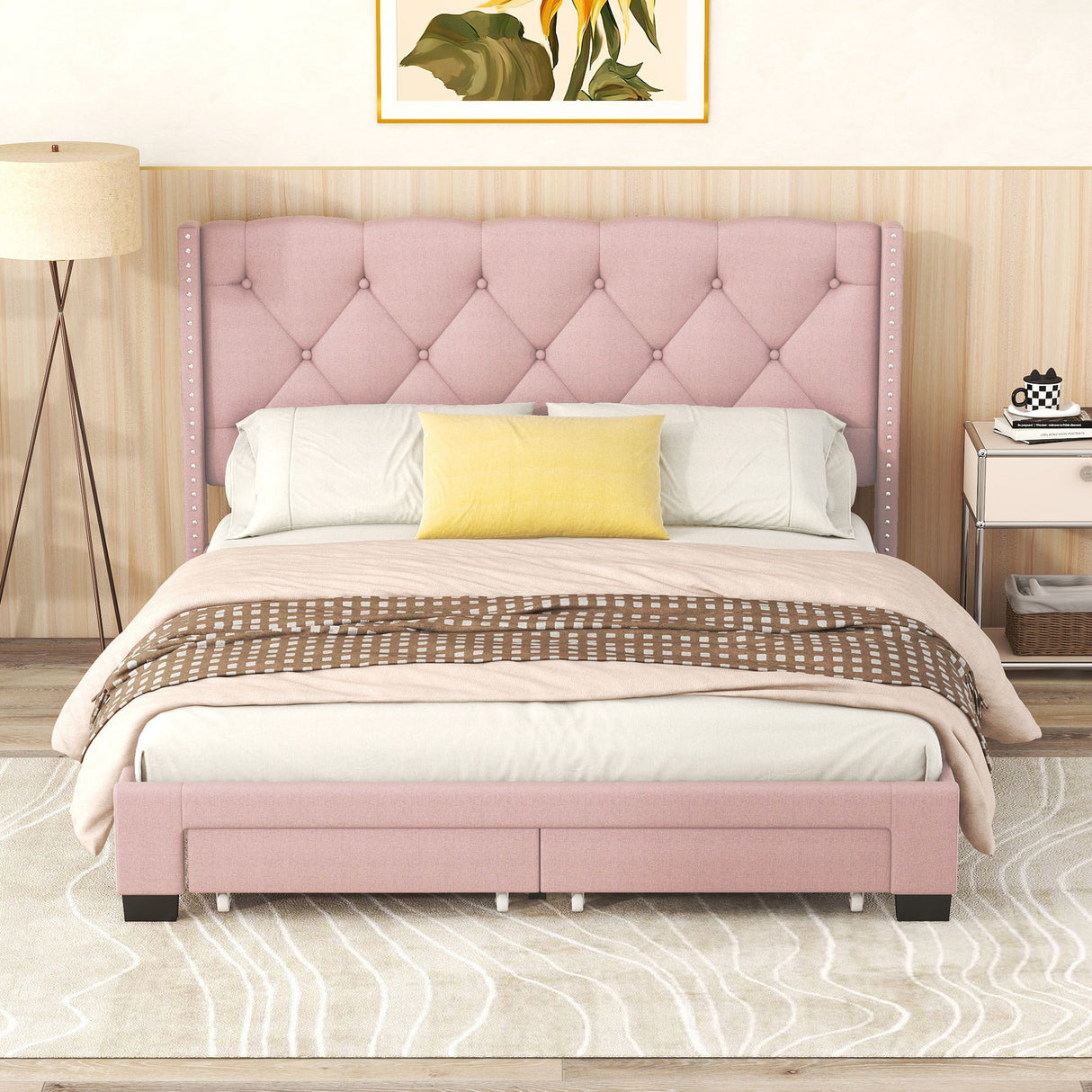 Queen Upholstered Platform Storage Bed With Two Drawers - Pink