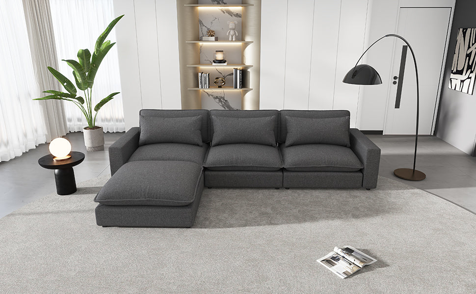 128" Chenille Cloud Sofa with Ottoman, Charging Ports and Three Back Pillows - Grey