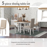 5-Piece Round Farmhouse Dining Set With Extendable Table and 4 Upholstered Dining Chairs - Oak Natural Wood + Antique White)