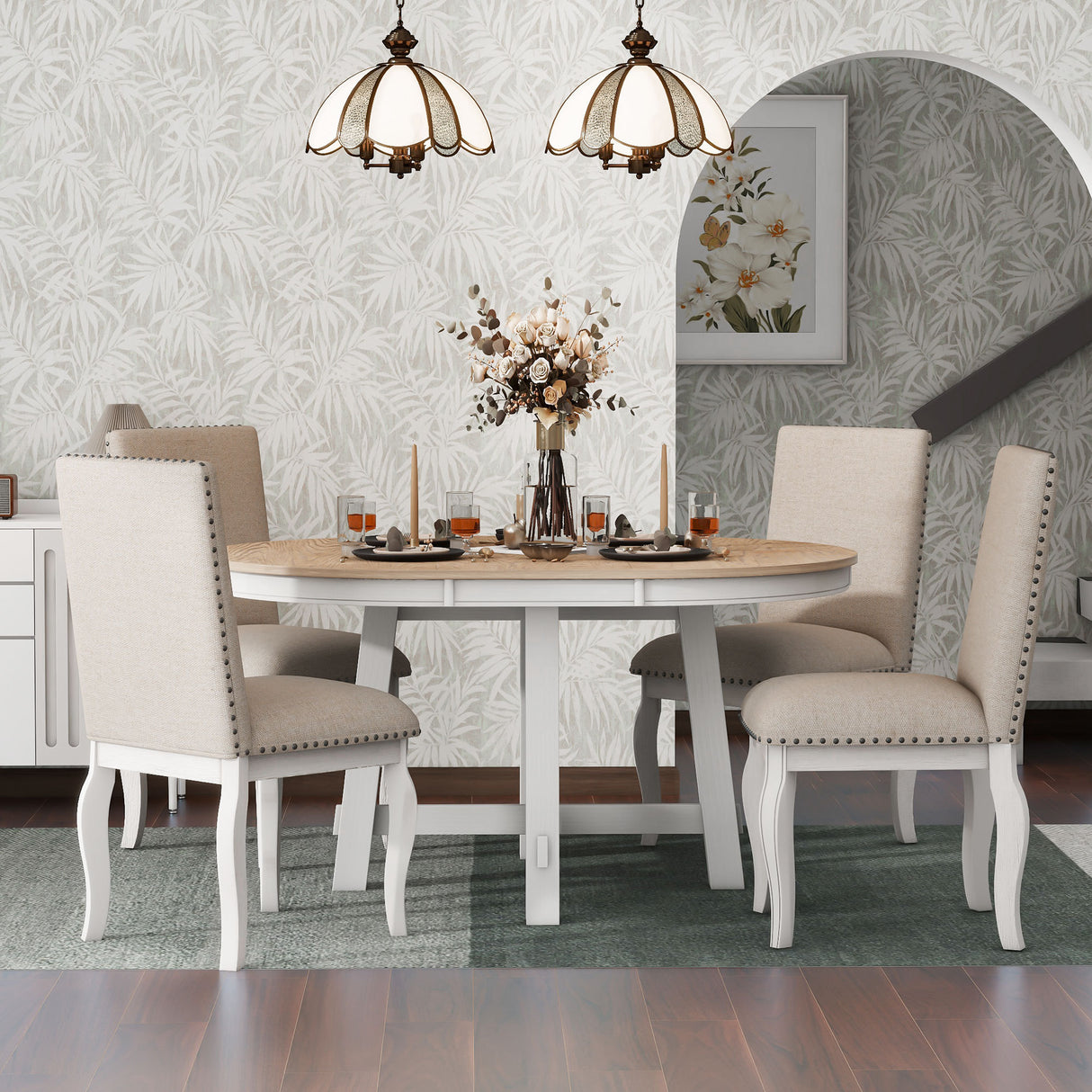 5-Piece Round Farmhouse Dining Set With Extendable Table and 4 Upholstered Dining Chairs - Oak Natural Wood + Antique White)