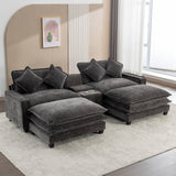 112.6" Chenille Upholstered Sofa with Two Ottomans, Two USB Ports, Two Cup Holders and Large Storage Box -Dark Gray