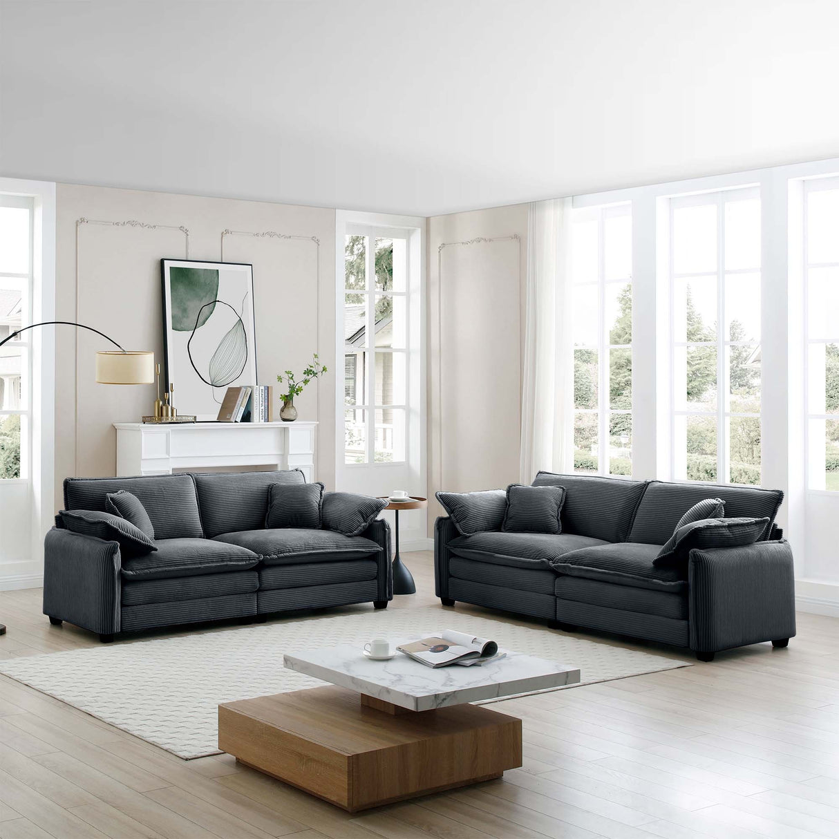 Two-Piece Corduroy Living Room Set (Sofa and Love Seat) - Gray