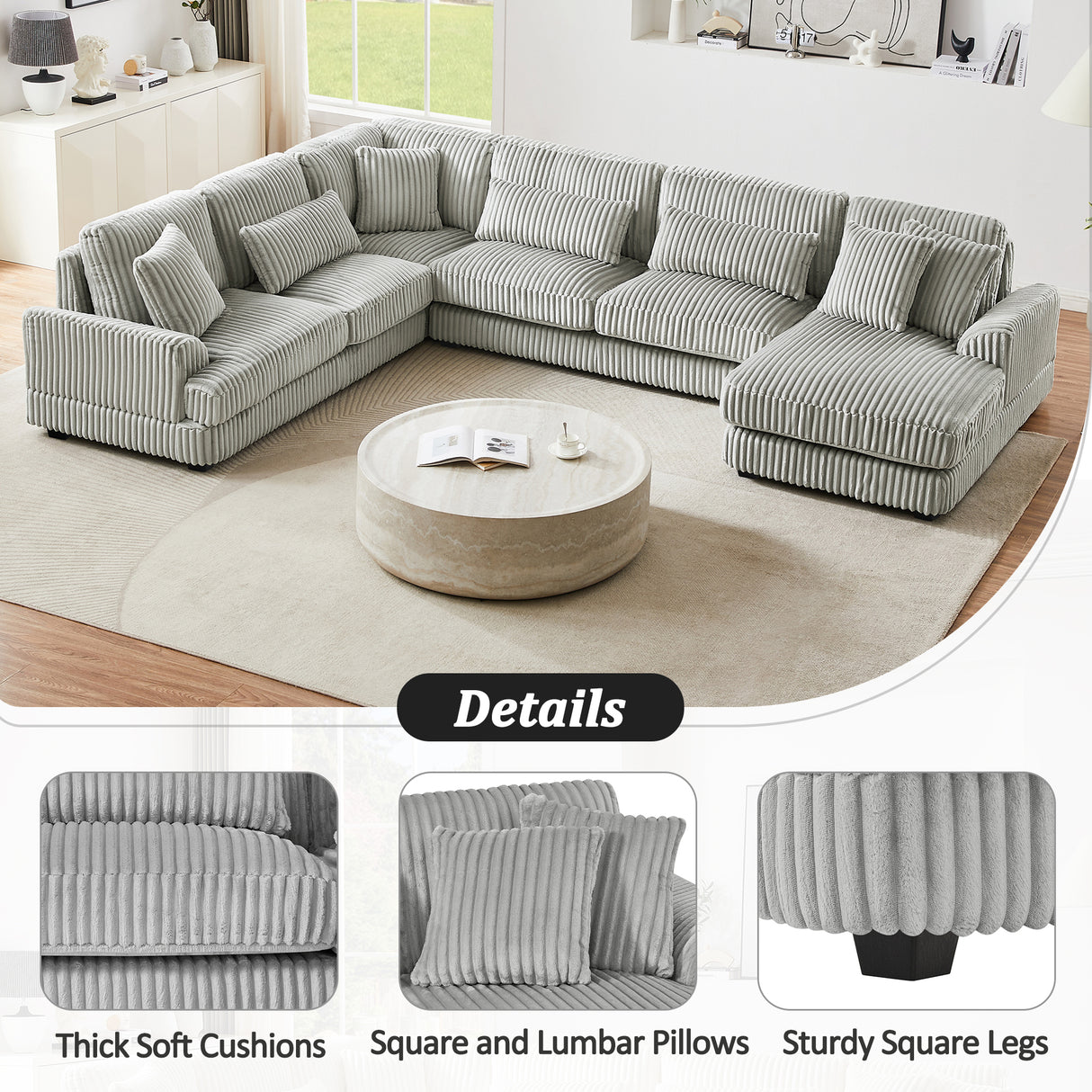 129" Oversized U-shaped Sofa Sectional in Soft Corduroy with a Chaise Lounge , Grey