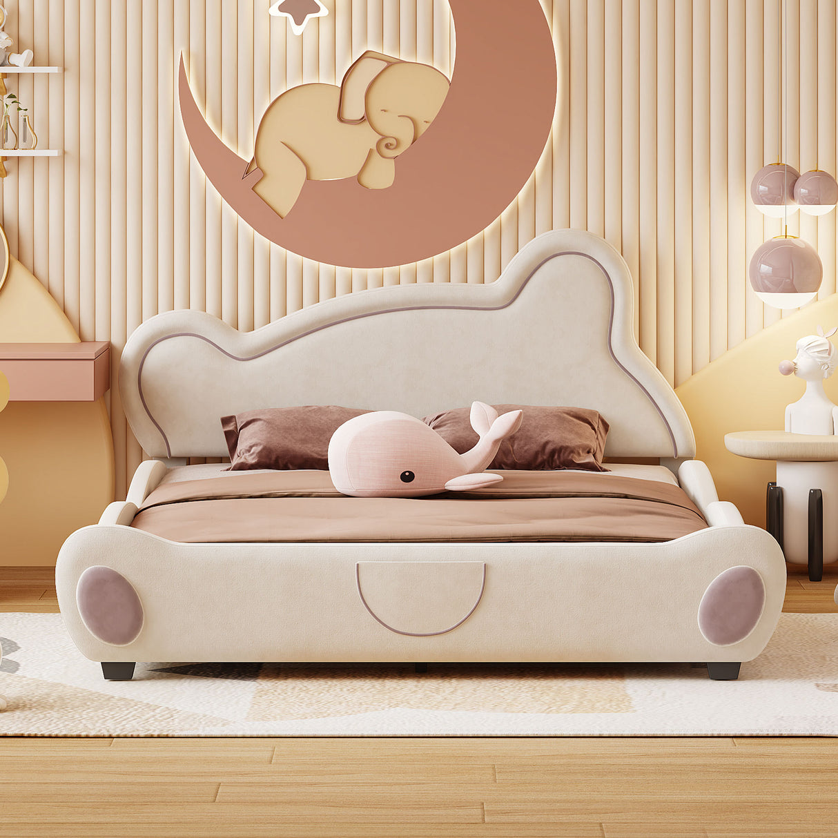 Queen Size Platform Bed with Bear-Shaped Headboard and Storage Pocket, Beige