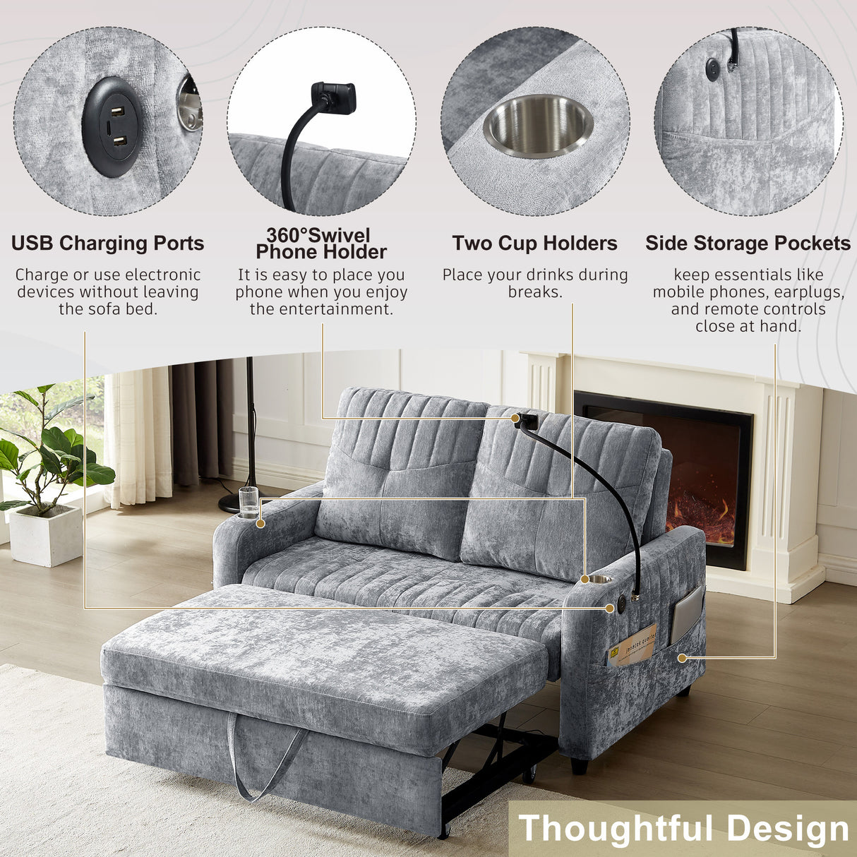 53.9" Modern Loveseat Pull-out Sofa Bed with Adjustable Backrest ,Two Cup Holders, Phone Holder, Three Charging Ports and Side Storage Pocket , Beige