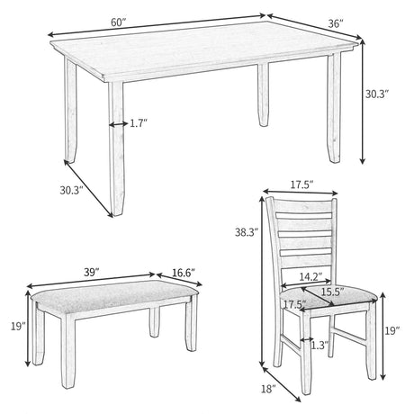 6 PC Dining Set With Table, Bench and 4 Chairs - Gray