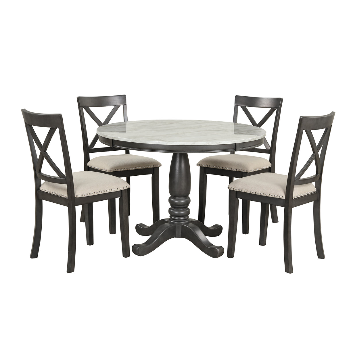 5 Piece Dining Set with Upholstered chairs - Brown/White