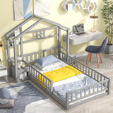 House-Style Headboard Floor Bed With Fence Guardrails Without Cushion