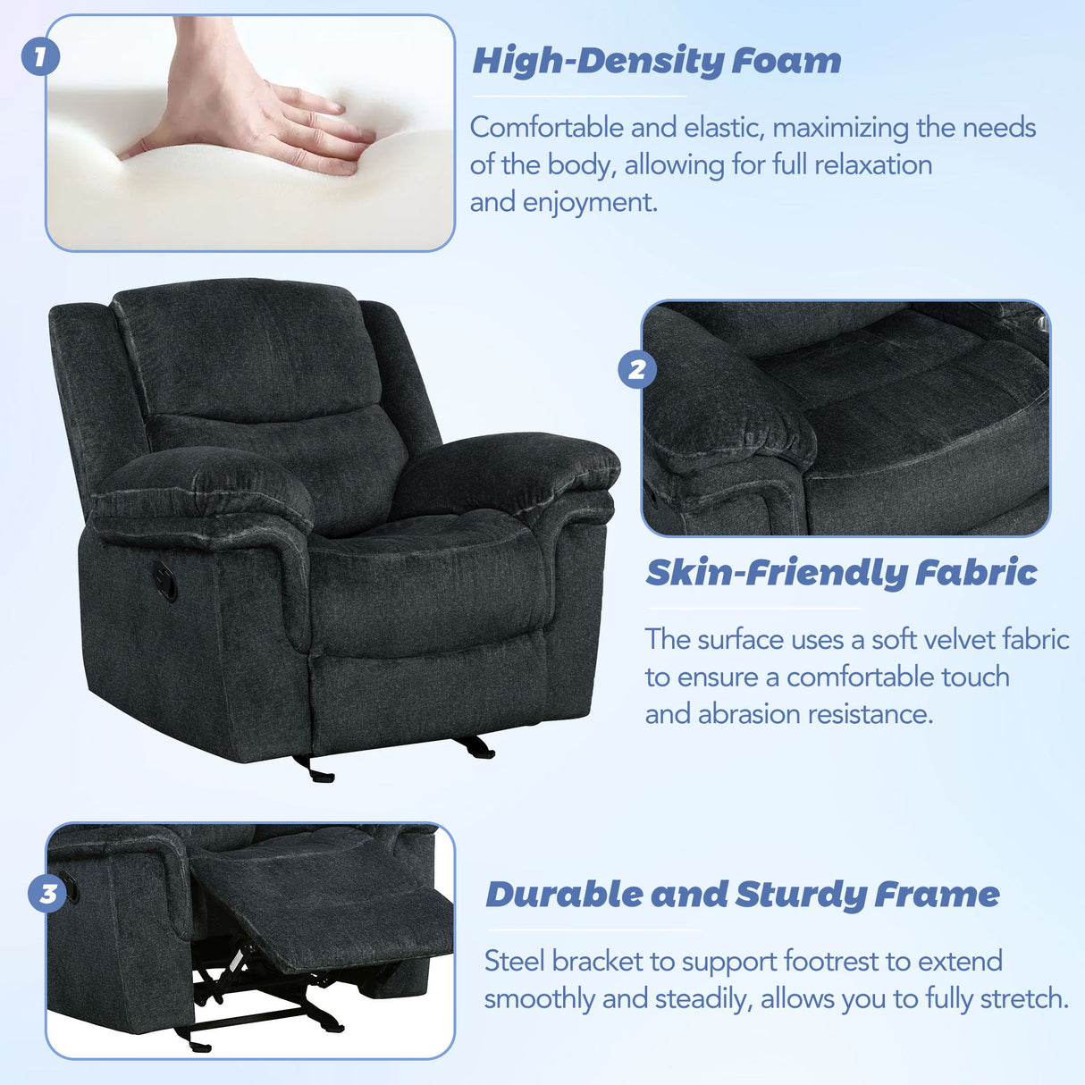 Reclining Sofa With Cup Holder, 2 USB Ports, 2 Power Sockets - Dark Blue