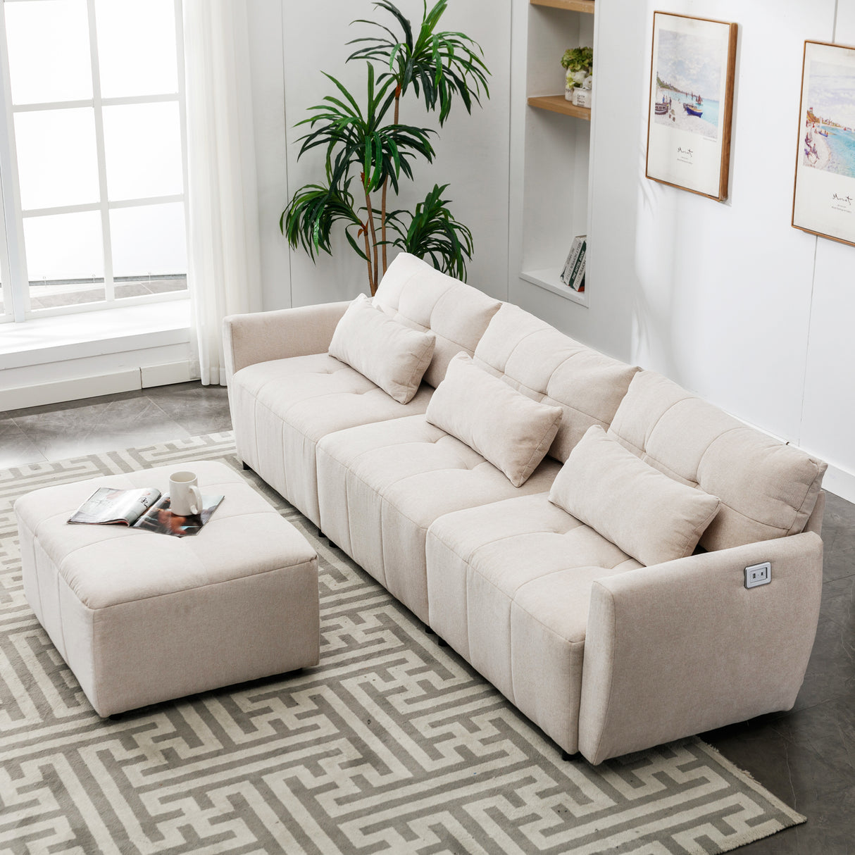 113.3" Modular Sectional Sofa with Ottoman and USB and USB-C Ports - Beige