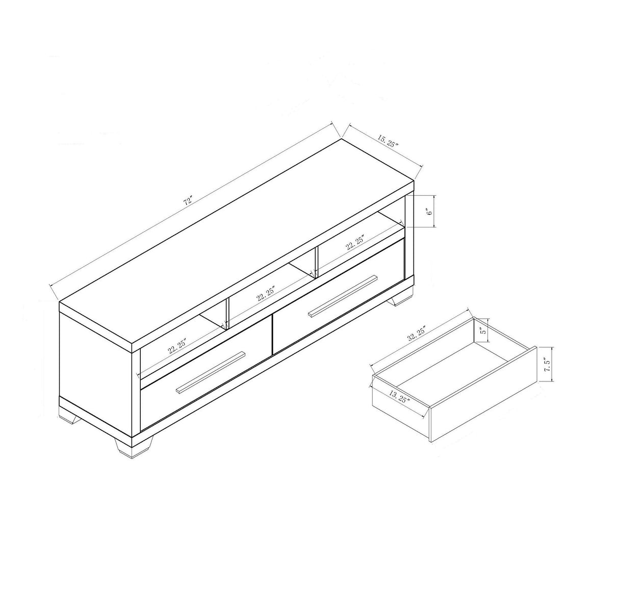 Modern TV Stand With Three Open Shelves And Two Drawers With Stylish Media Storage