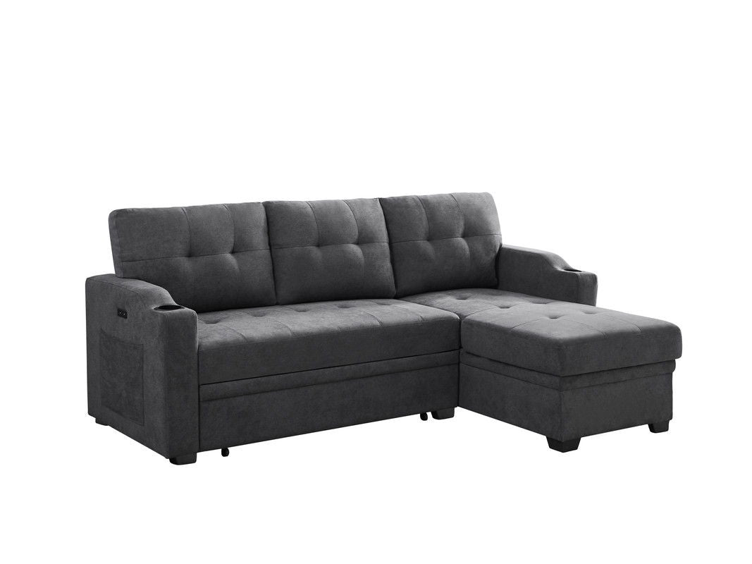 Mabel - Woven Fabric Sleeper Sofa With Cupholder, USB Charging Port nd Pocket - Dark Gray