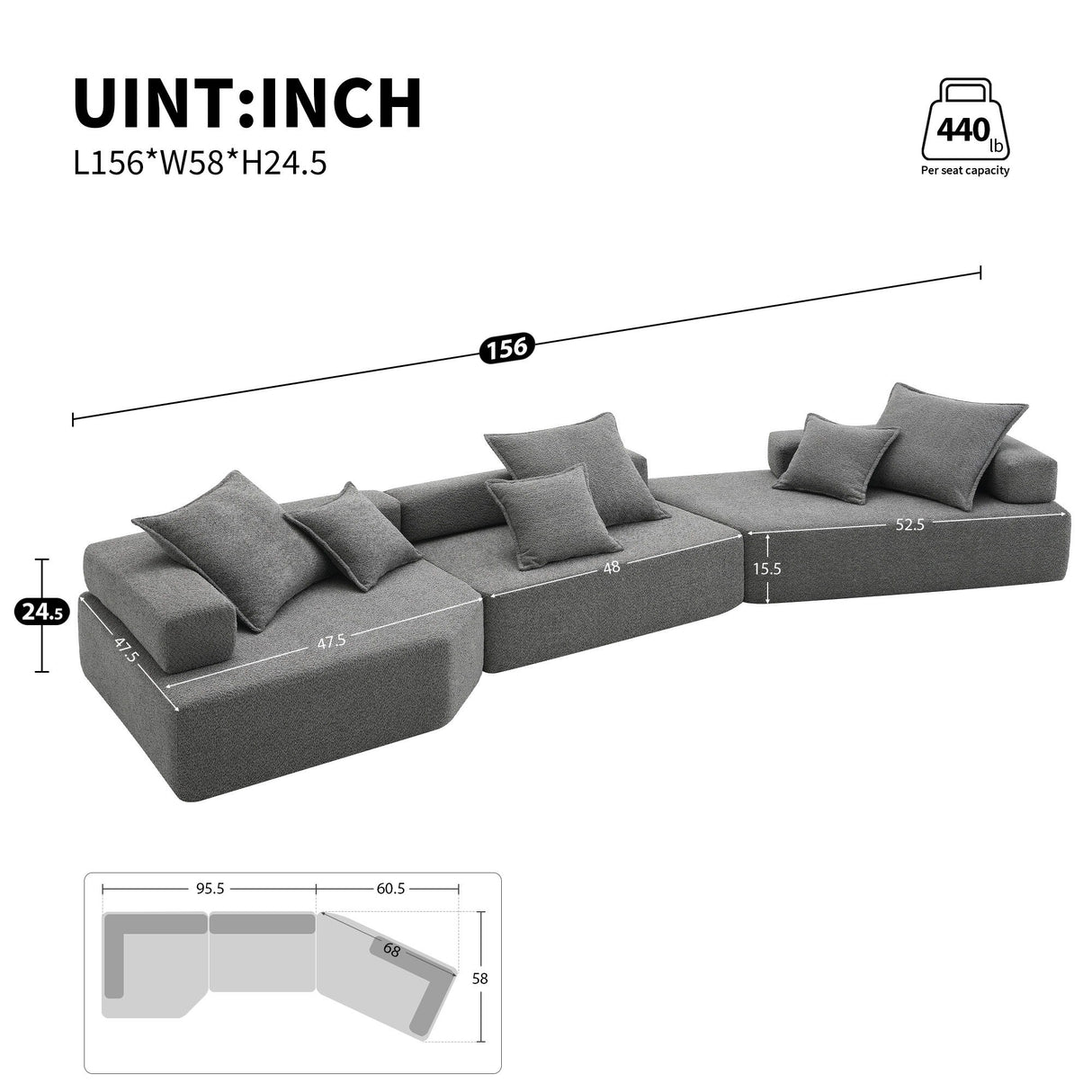 156" Oversized Modular Sectional Sofa - Gray