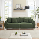 Teddy Wool Beige Sofa With Four Throw Pillows And Hardware Feet Can Sit Comfortably In An Apartment Bedroom Without Taking Up Space