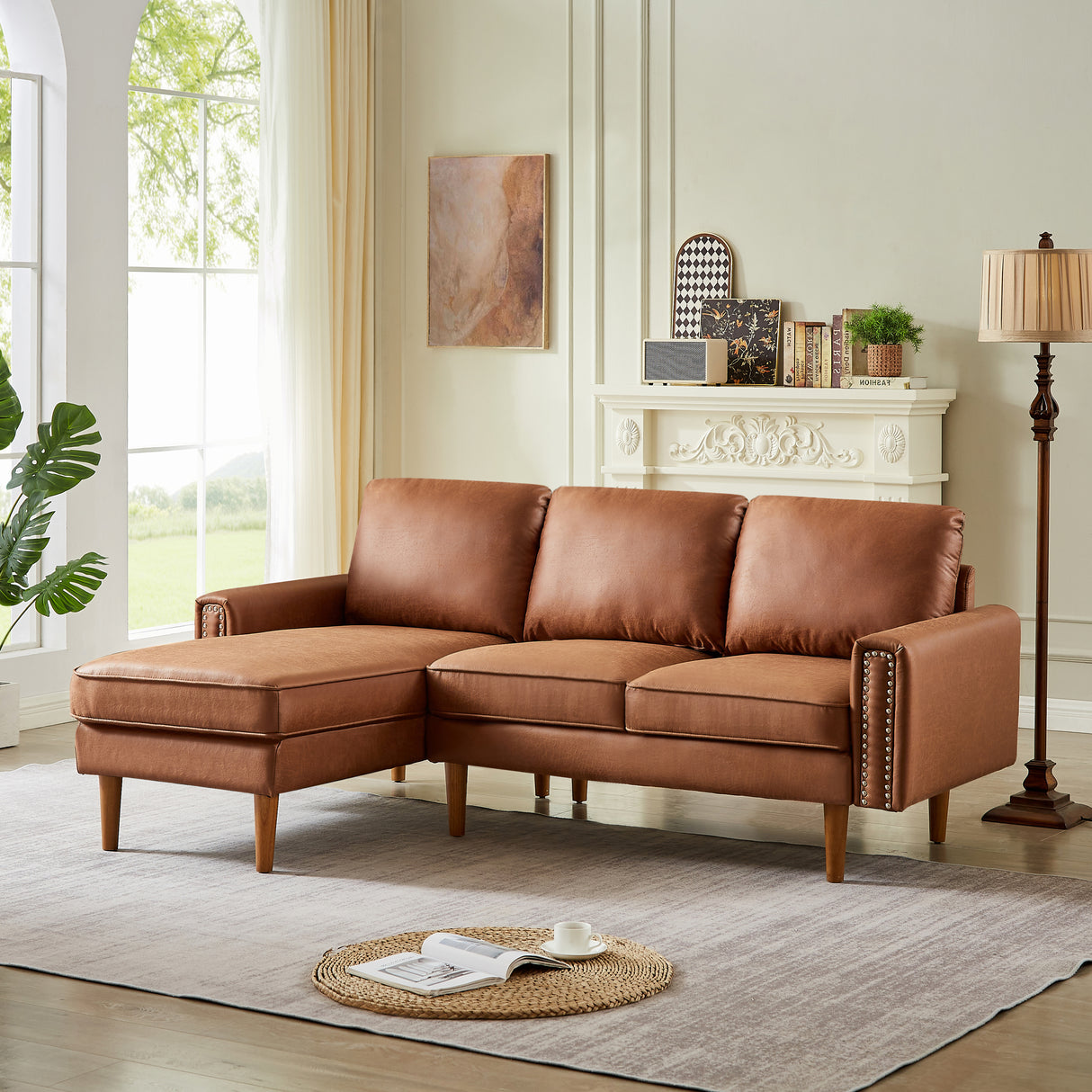 82.2" Suede Sofa with Left Facing Chaise, Brown