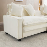 112.6" Chenille Upholstered Sofa with Two Ottomans, Two USB Ports, Two Cup Holders and Large Storage Box - Beige