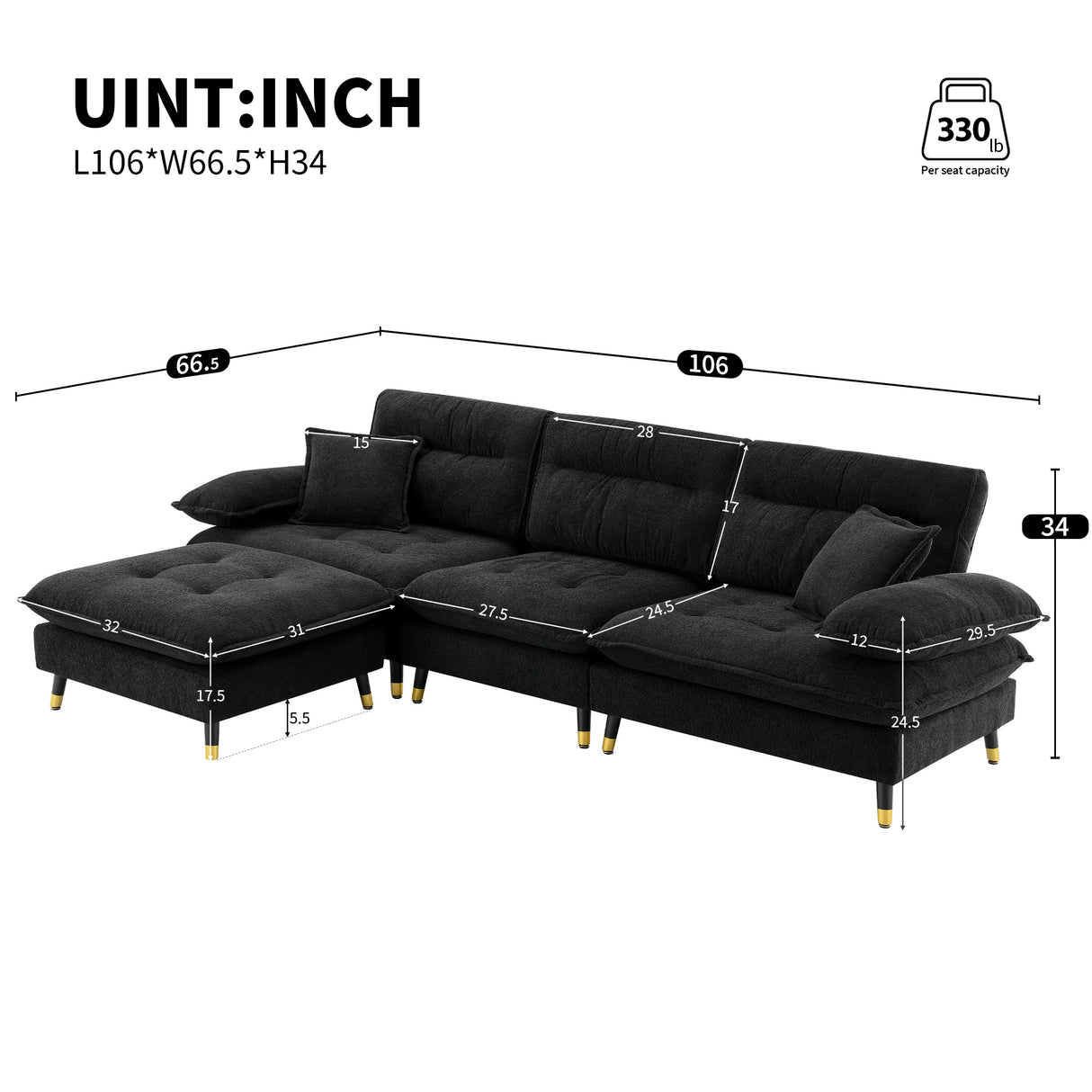 L shaped Sectional Sofa with Cloud Chenille Fabric and Ottoman - Black