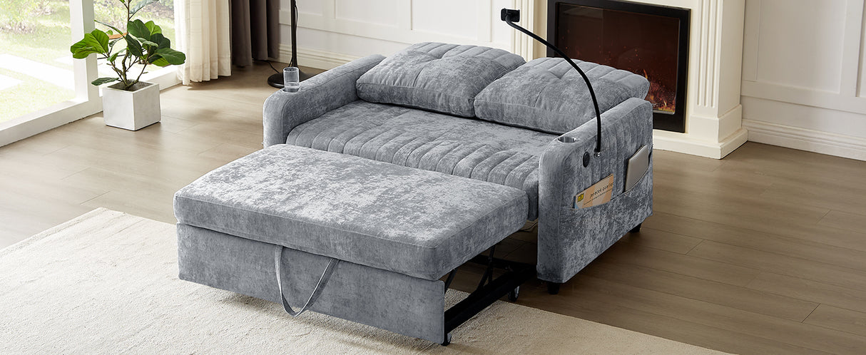 53.9" Modern Loveseat Pull-out Sofa Bed with Adjustable Backrest ,Two Cup Holders, Phone Holder, Three Charging Ports and Side Storage Pocket , Beige