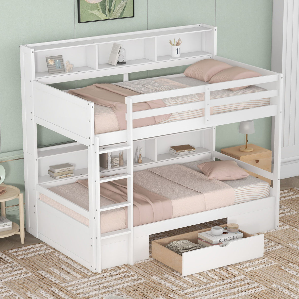 Twin Size Bunk Bed With Built-In Shelves Beside Both Upper And Down Bed And Storage Drawer