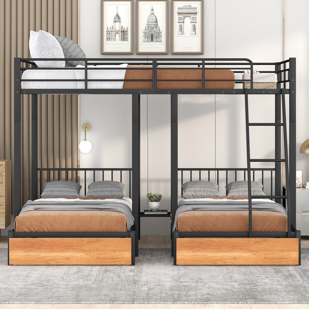 Bunk Bed, Metal Triple Bunk Bed With Drawers And Guardrails