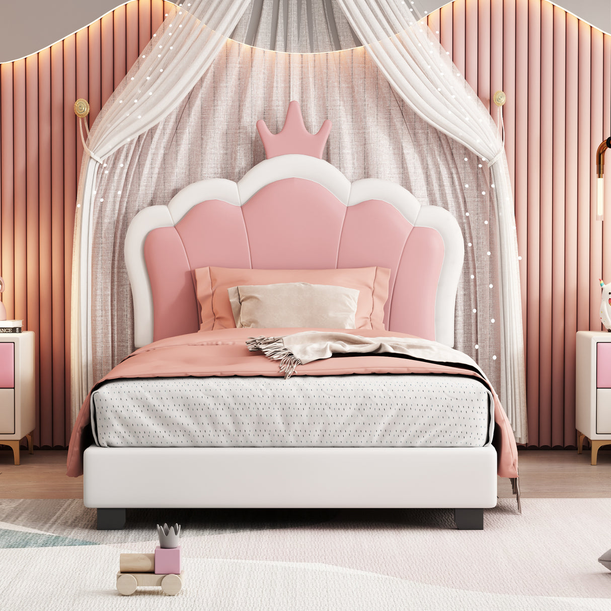 Twin size Upholstered Princess Bed With Crown Headboard, White+Pink