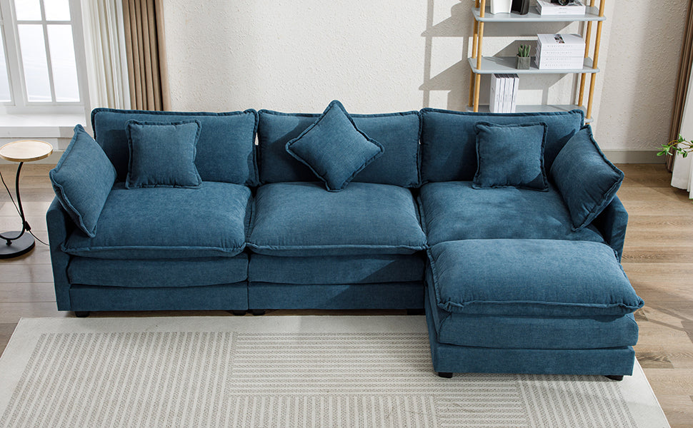 112.2" Chenille Upholstered Sofa with Ottoman and 5 Pillows - Blue