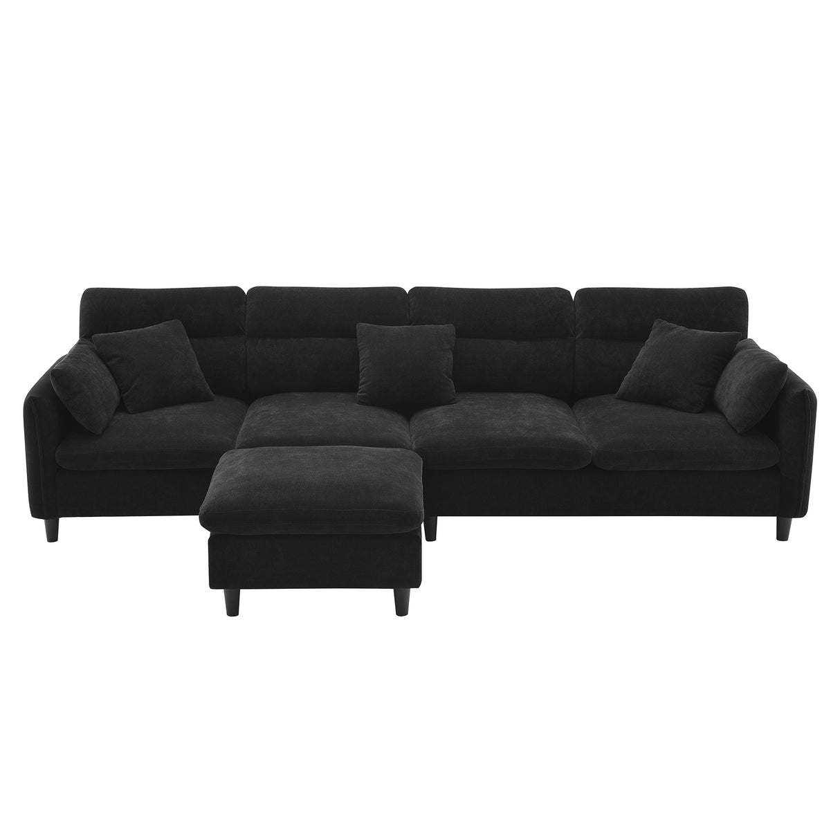 Modern Convertible Sectional Sofa with Pillows and Ottoman - Black