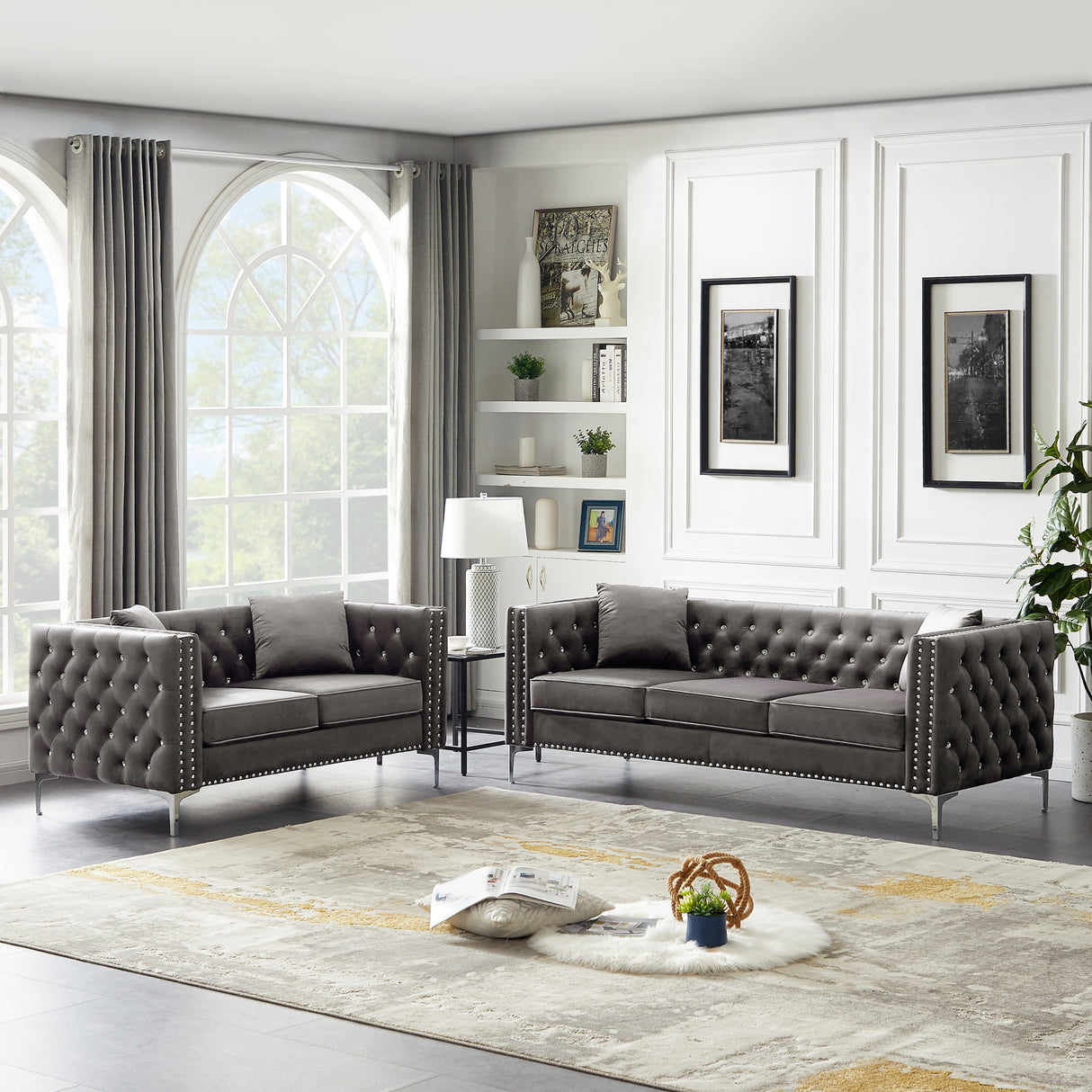 2 Piece Velvet Living Room Set with Sofa and Loveseat and 4 Pillows - Gray