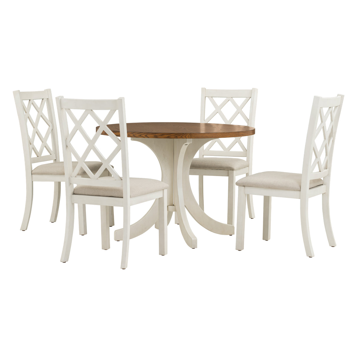 Solid Wood 5-Piece Round Dining Table Set with Upholstered Chairs - Walnut Top +Beige Chair