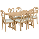 7-Piece Trestle Dining Room Set with Upholstered Dining Chairs - Natural Wood