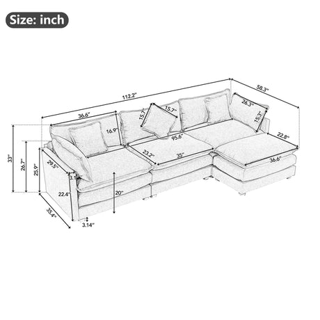 112.2" Chenille Upholstered Sofa with Ottoman and 5 Pillows - Off White