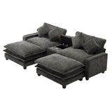 112.6" Chenille Upholstered Sofa with Two Ottomans, Two USB Ports, Two Cup Holders and Large Storage Box -Dark Gray