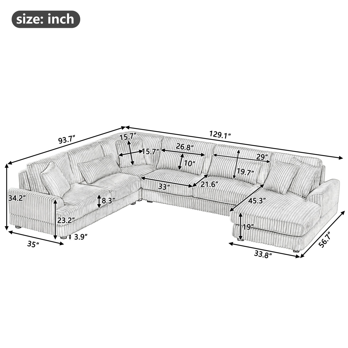 129" Oversized U-shaped Sofa Sectional in Soft Corduroy with a Chaise Lounge , Grey