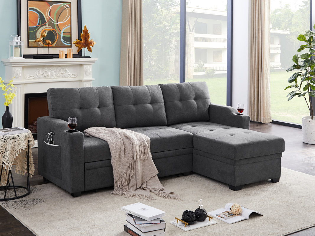 Mabel - Woven Fabric Sleeper Sofa With Cupholder, USB Charging Port nd Pocket - Dark Gray