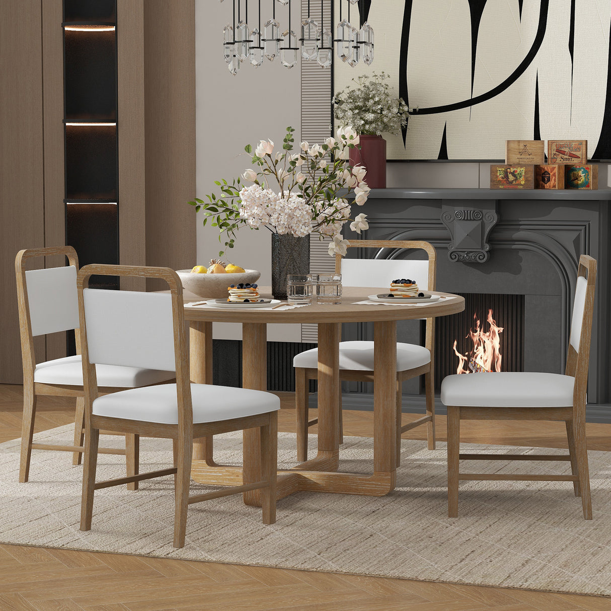 5-Piece Dining Set with Radial Wood Grain Design and 4 Upholstered Chairs for Dining Room and Kitchen (Natural Wood Wash)