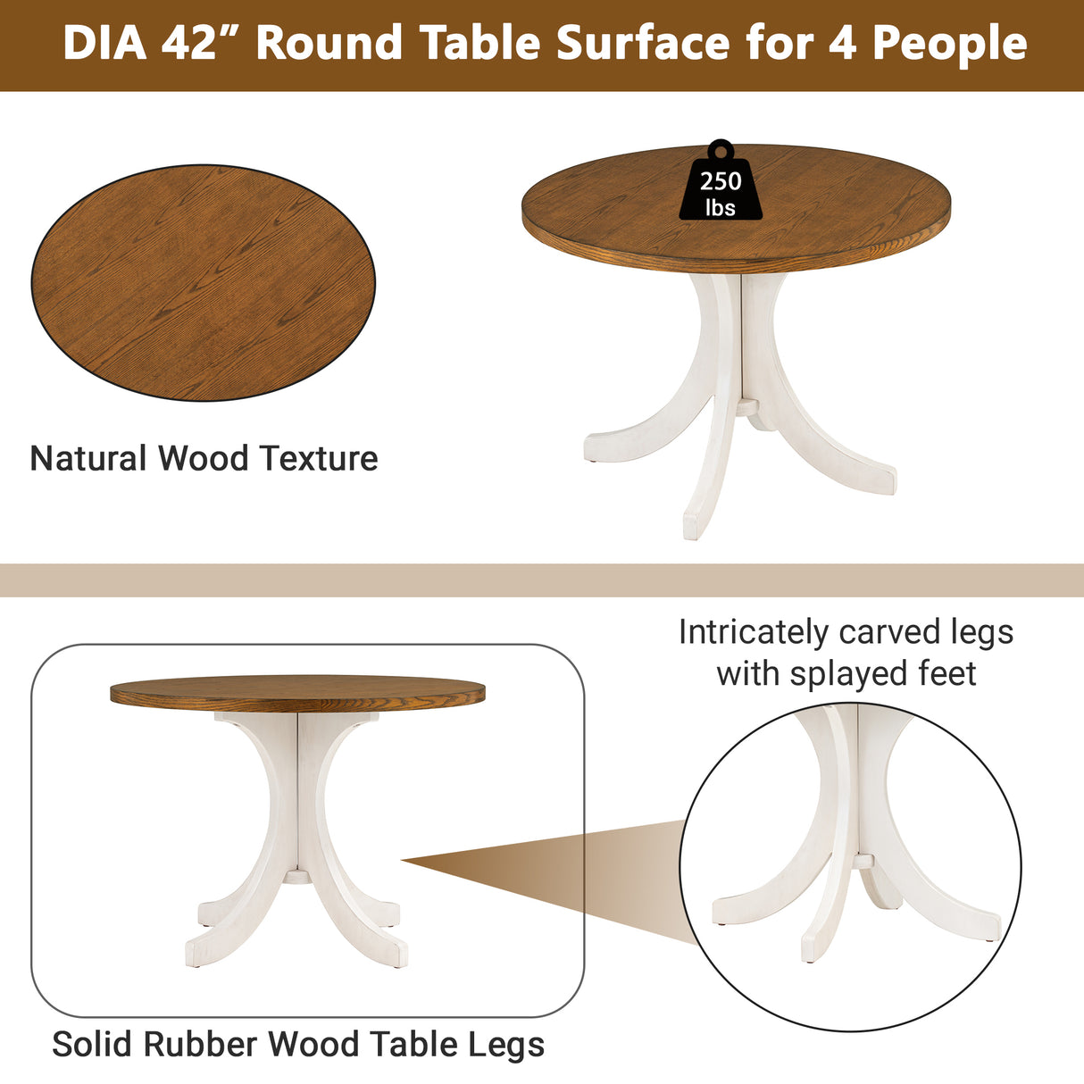 Solid Wood 5-Piece Round Dining Table Set with Upholstered Chairs - Walnut Top +Beige Chair