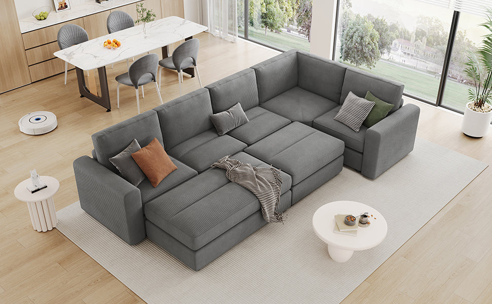 121.3" Modular Sectional Sofa with Two Movable Ottomans, Gray