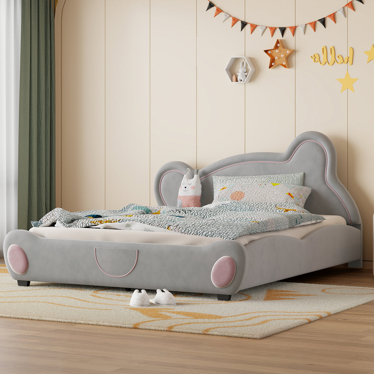 Queen Size Velvet Platform Bed with Bear-Shaped Headboard and  Storage Pocket, Gray