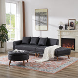 107" Contemporary Sofa with a Round Storage Ottoman and Three Removable Pillows - Black