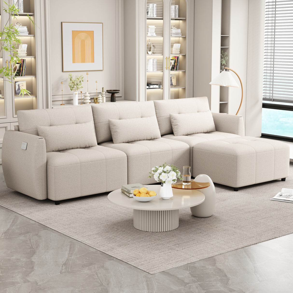 113.3" Modular Sectional Sofa with Ottoman and USB and USB-C Ports - Beige