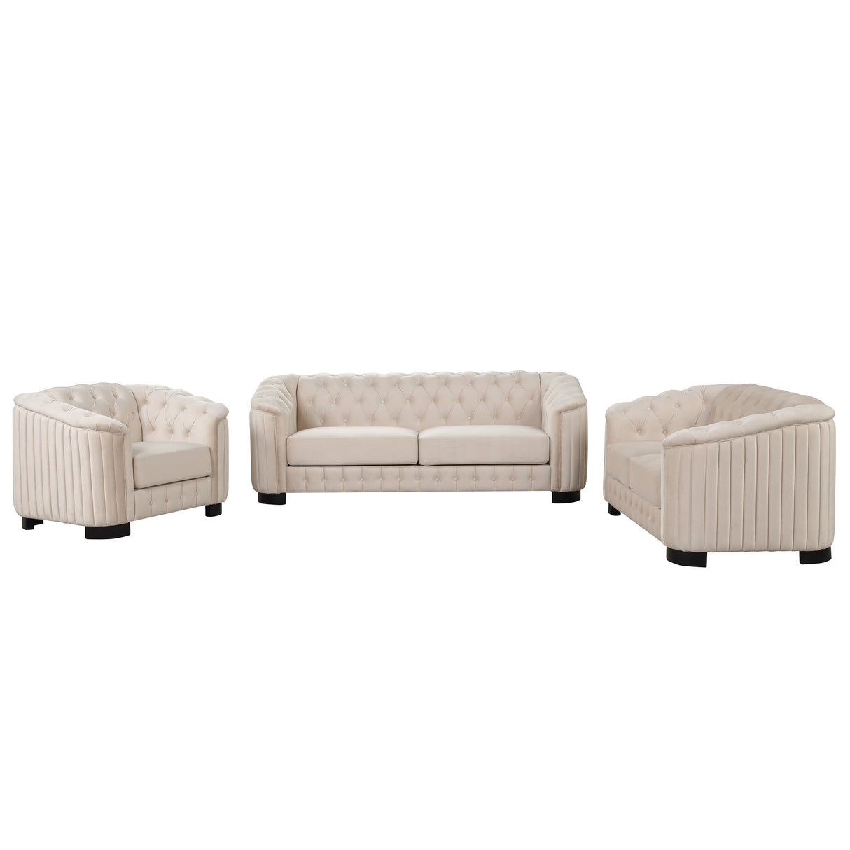 Modern 3-Piece Velvet Upholstered Living Room Set Including Sofa, Love Seat and Chair, Beige