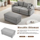 72.8" Modern Style Loveseat with Storage Space, Movable Ottoman, Two USB Ports, Two Cup Holders and Phone Holder - Gray