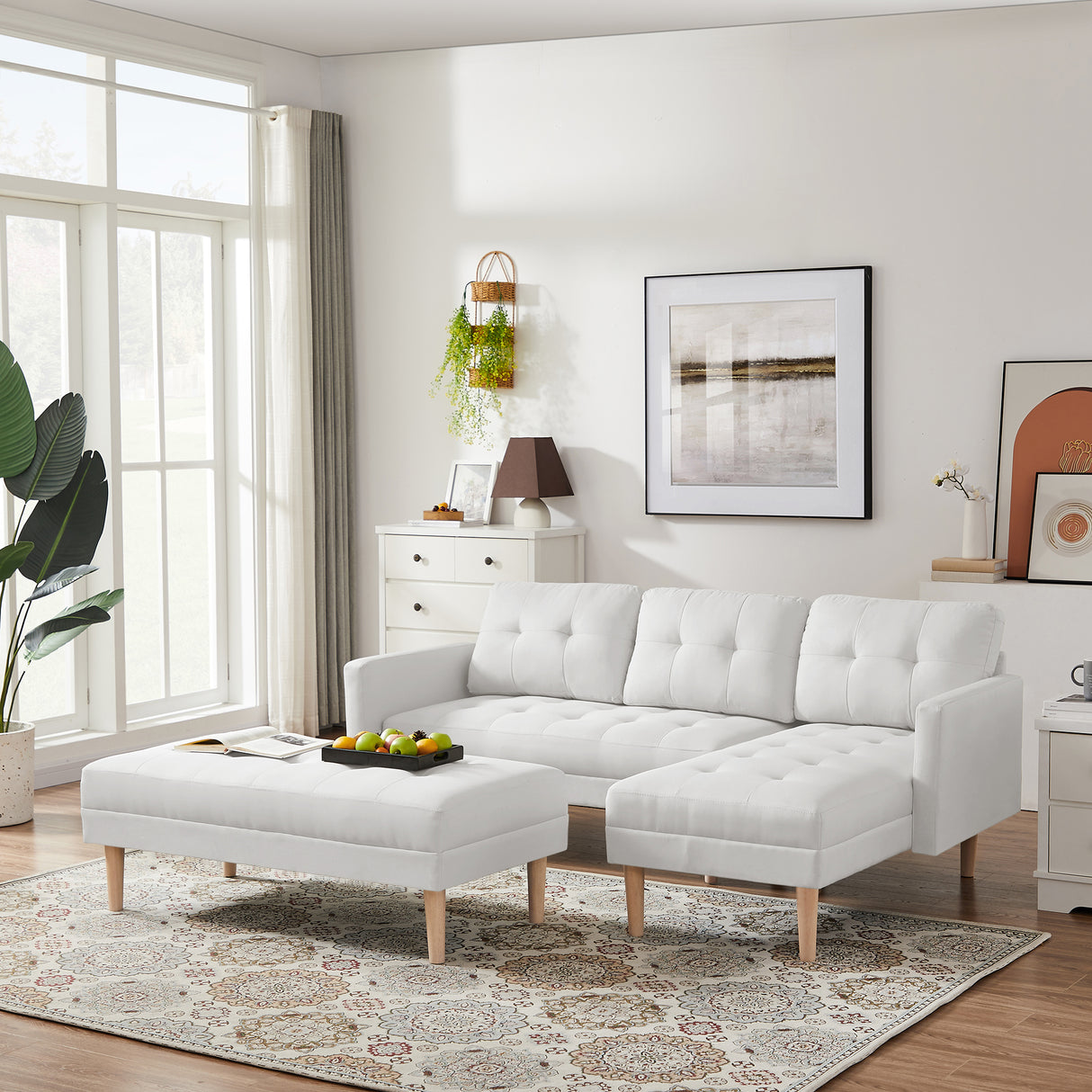 White Fabric Right Facing Sofa Chaise with Ottoman - White