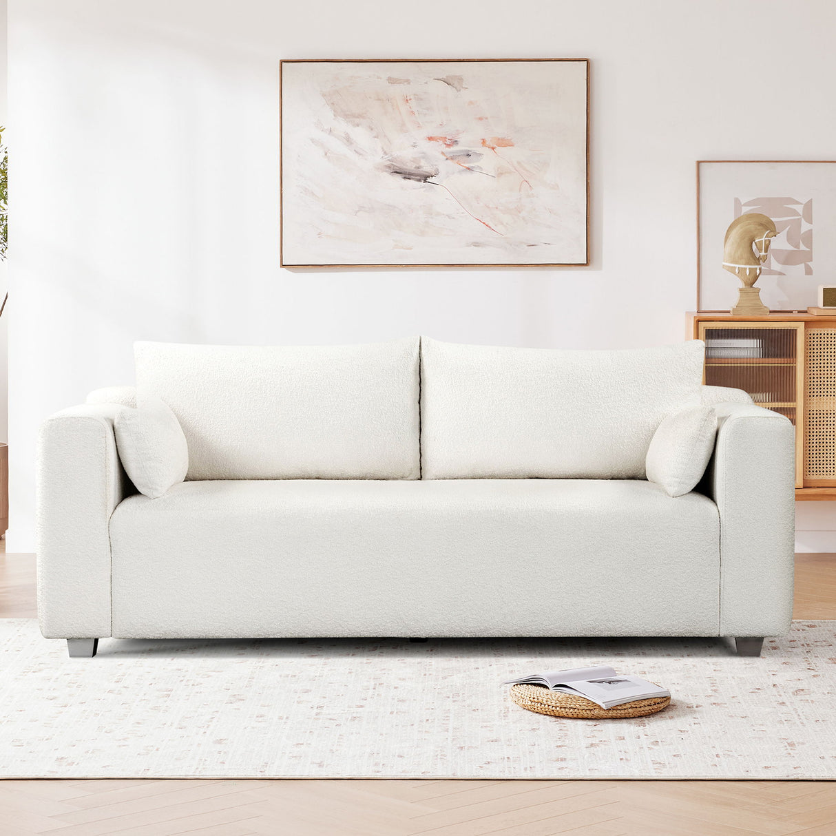 Modern Loop Yarn Sofa With 2 Pillows - White