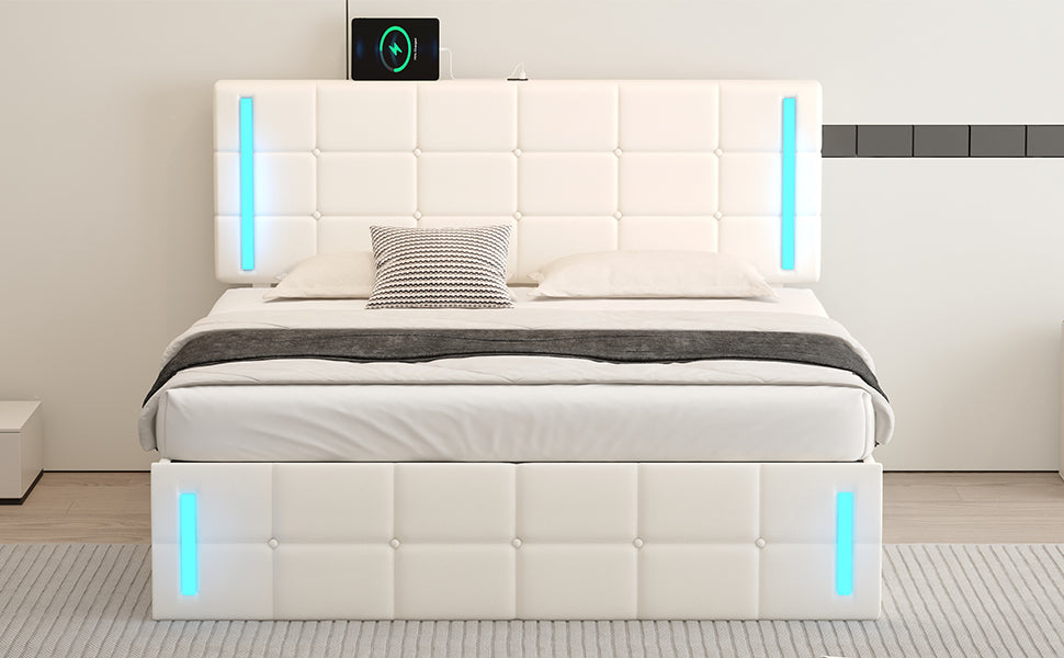 Queen Size Upholstered Bed with LED Lights, Hydraulic Storage System and USB Charging Station,White