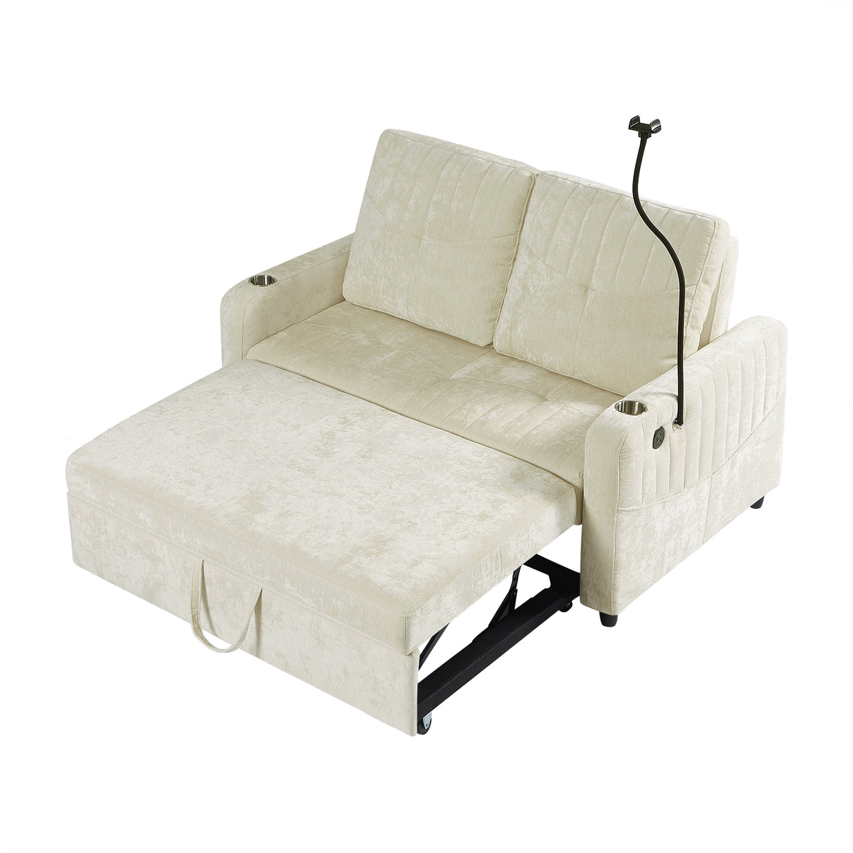 53.9" Modern Sleeper Loveseat with Adjustable Backrest, Two Cup Holders, Phone Holder, Three Charging Ports and Side Storage Pocket , Beige