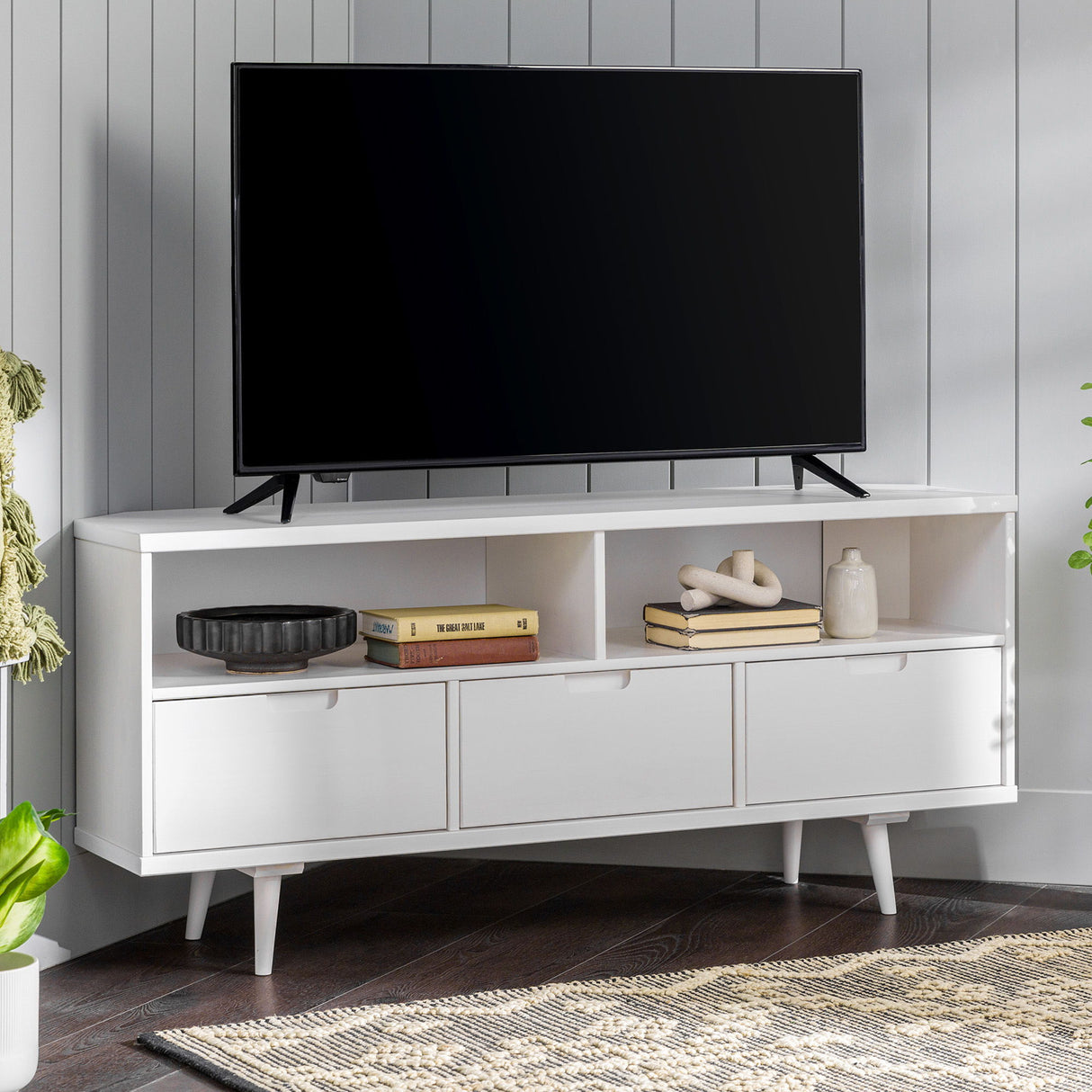 Mid-Century Modern Minimalist 3 Drawer Corner TV Stand For TVs Up To 58 - White