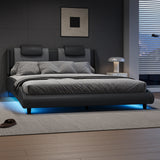 King Faux Leather Upholstered Platform Bed with LED Light and Adjustable Headboard, Gray