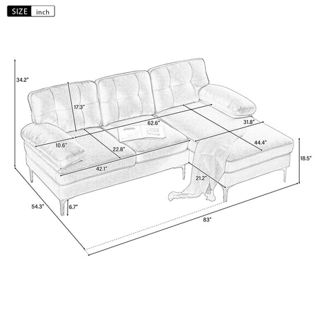 83" Modern Velvet Sofa Chaise - Yellow