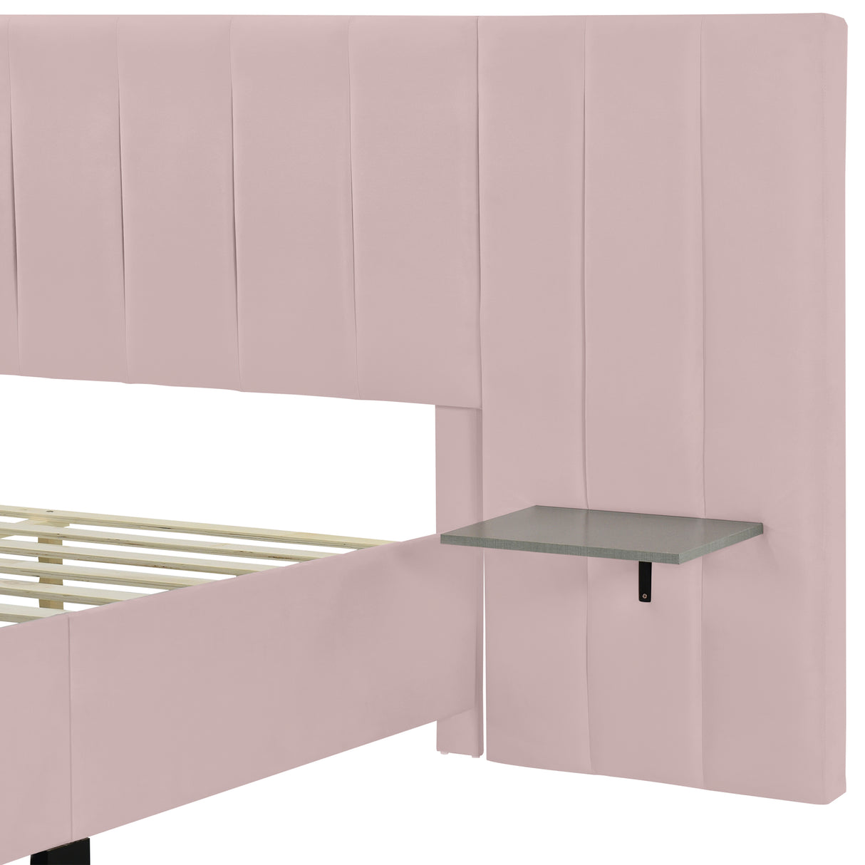 Queen Size Upholstered Platform Bed with Large Headboard - Velvet, Pink